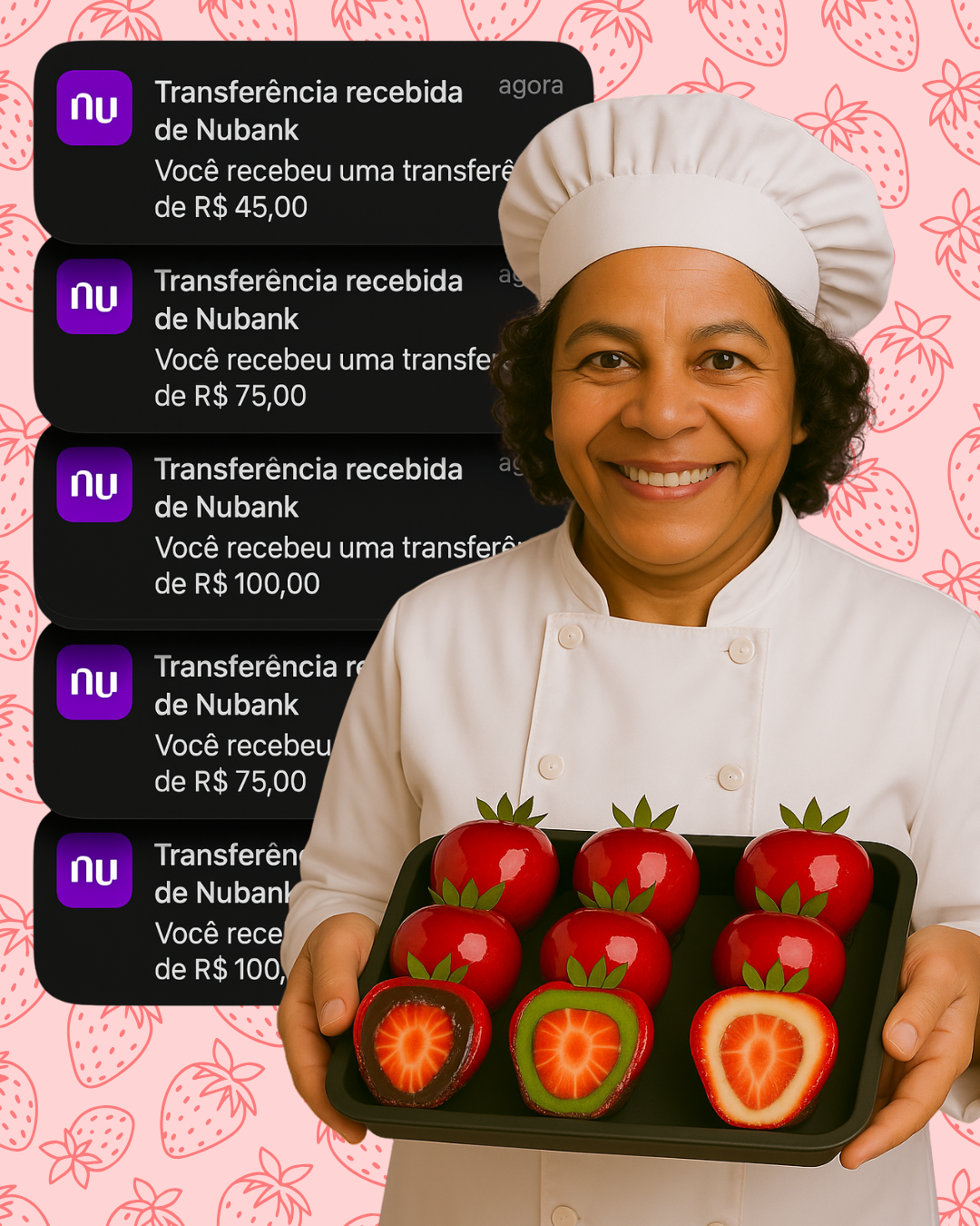 Chef com morangos gourmet e comprovantes de vendas